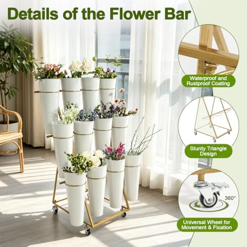 Flower Bar Stand with 12 Buckets, 3 Layers Metal Flower Cart Dispaly Stand, alternate view 4