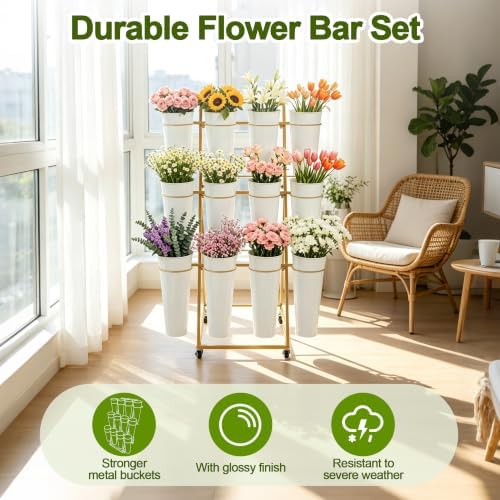 Flower Bar Stand with 12 Buckets, 3 Layers Metal Flower Cart Dispaly Stand, alternate view 5