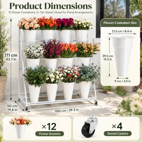 Flower Bar Stand with 12 Buckets, 3-Tier Metal Flower Display Stand, Mobile Flower Cart with Wheels for Bouquet, alternate