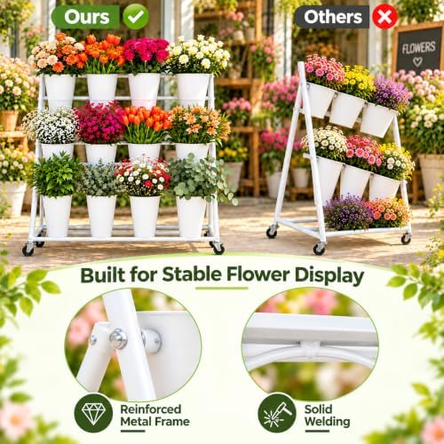 Flower Bar Stand with 12 Buckets, 3-Tier Metal Flower Display Stand, Mobile Flower Cart with Wheels for Bouquet, alternate