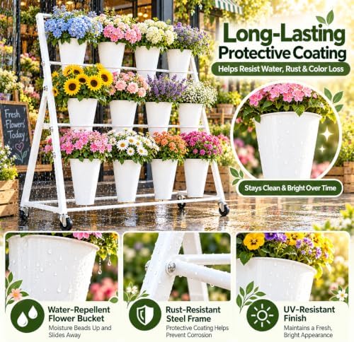 Flower Bar Stand with 12 Buckets, 3-Tier Metal Flower Display Stand, Mobile Flower Cart with Wheels for Bouquet, alternate
