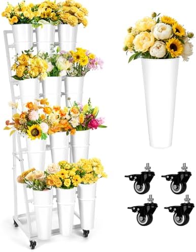 Flower Bar Stand with 12 Buckets, Metal Flower Display Stand with Wheels,4 Layers Moving Florist Bouquet Shelf