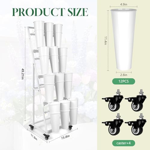 Flower Bar Stand with 12 Buckets, Metal Flower Display Stand with Wheels,4 Layers Moving Florist Bouquet Shelf, alternate