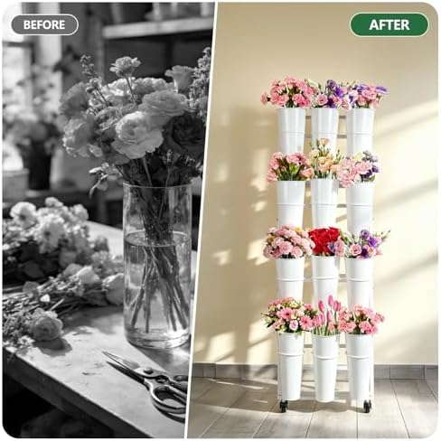 Flower Bar Stand with 12 Buckets, Metal Flower Display Stand with Wheels,4 Layers Moving Florist Bouquet Shelf, alternate
