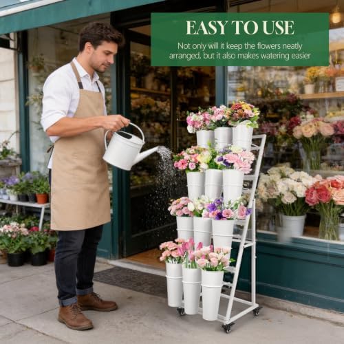 Flower Bar Stand with 12 Buckets, Metal Flower Display Stand with Wheels,4 Layers Moving Florist Bouquet Shelf, alternate
