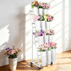 Flower Bar Stand with 12 Buckets, Metal Flower Display Stand with Wheels,4 Layers Moving Florist Bouquet Shelf, alternate