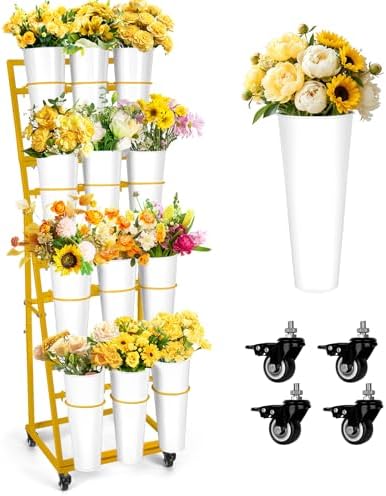 Flower Bar Stand with 12 Buckets, Metal Flower Display Stand with Wheels,4 Layers Moving Florist Bouquet Shelf