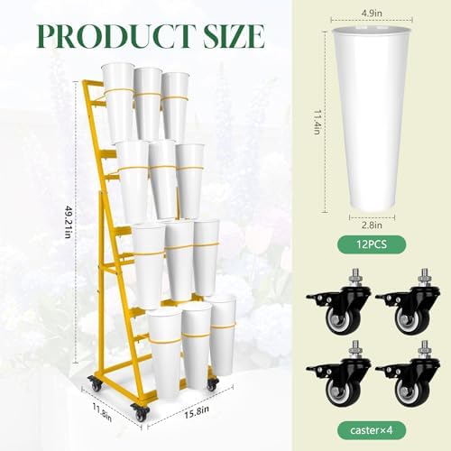 Flower Bar Stand with 12 Buckets, Metal Flower Display Stand with Wheels,4 Layers Moving Florist Bouquet Shelf, alternate