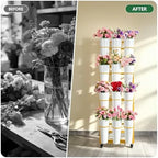 Flower Bar Stand with 12 Buckets, Metal Flower Display Stand with Wheels,4 Layers Moving Florist Bouquet Shelf, alternate