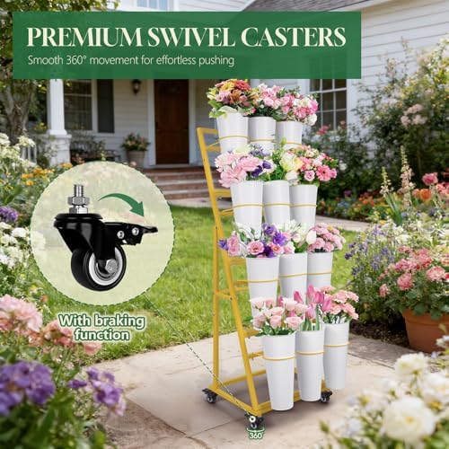 Flower Bar Stand with 12 Buckets, Metal Flower Display Stand with Wheels,4 Layers Moving Florist Bouquet Shelf, alternate