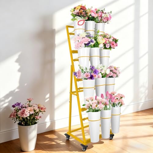 Flower Bar Stand with 12 Buckets, Metal Flower Display Stand with Wheels,4 Layers Moving Florist Bouquet Shelf, alternate