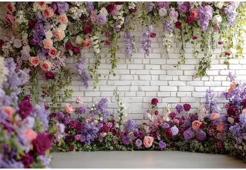 Flower Brick Wall Backdrop 9x6ft Violet Flowers Photography Backdrops in 9x6ft