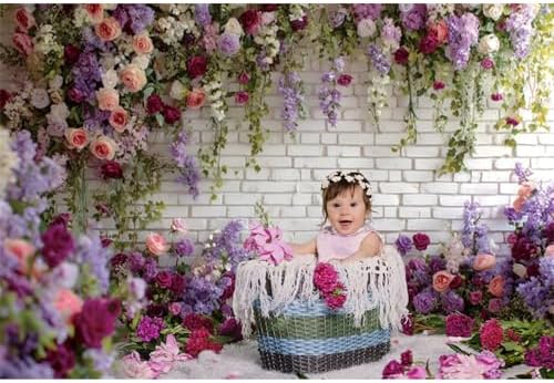 Flower Brick Wall Backdrop 9x6ft Violet Flowers Photography Backdrops in 9x6ft, alternate view 3