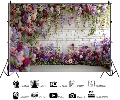 Flower Brick Wall Backdrop 9x6ft Violet Flowers Photography Backdrops in 9x6ft, alternate view 4