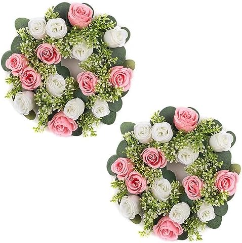 Flower Candle Rings for Centerpieces: 13.4 Inch Artificial Rose Wreath for Wedding Party Christmas - Pink &