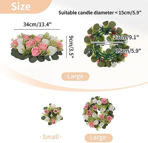 Flower Candle Rings for Centerpieces: 13.4 Inch Artificial Rose Wreath for Wedding Party Christmas - Pink &, alternate view 3