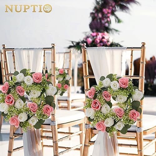 Flower Candle Rings for Centerpieces: 13.4 Inch Artificial Rose Wreath for Wedding Party Christmas - Pink &, alternate view 4