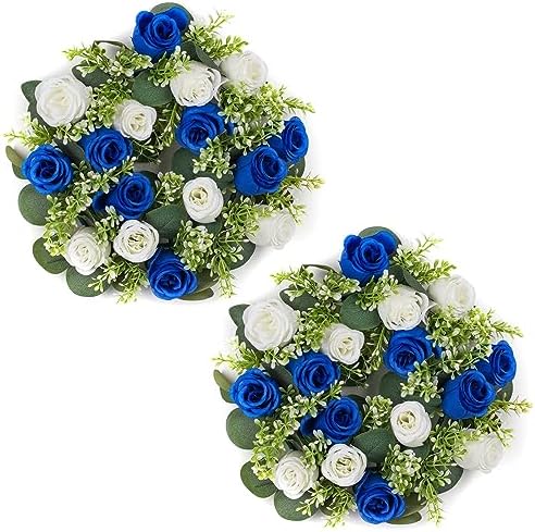 Flower Candle Rings for Centerpieces: 13.4 Inch Rose Wreath for Wedding Party Christmas - Royal Blue & White