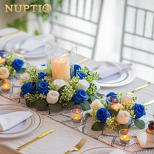 Flower Candle Rings for Centerpieces: 13.4 Inch Rose Wreath for Wedding Party Christmas - Royal Blue & White, alternate view
