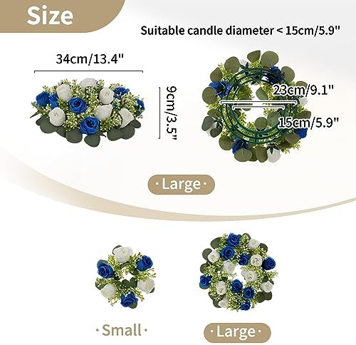 Flower Candle Rings for Centerpieces: 13.4 Inch Rose Wreath for Wedding Party Christmas - Royal Blue & White, alternate view
