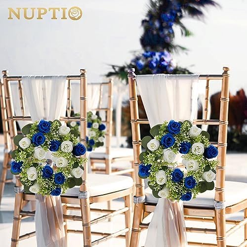 Flower Candle Rings for Centerpieces: 13.4 Inch Rose Wreath for Wedding Party Christmas - Royal Blue & White, alternate view