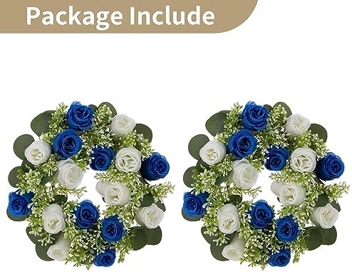 Flower Candle Rings for Centerpieces: 13.4 Inch Rose Wreath for Wedding Party Christmas - Royal Blue & White, alternate view