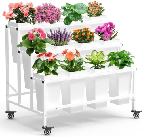 Flower Cart Display Stand with 12 Buckets, White in White
