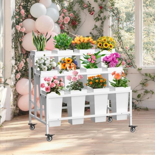 Flower Cart Display Stand with 12 Buckets, White in White, alternate view 2
