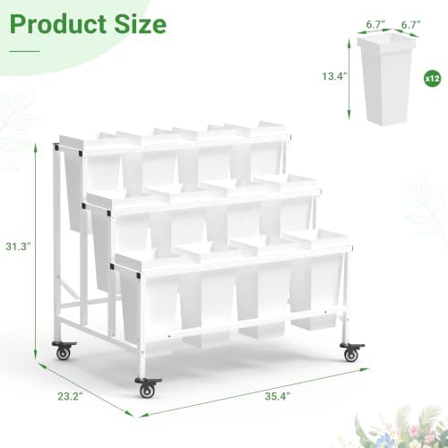 Flower Cart Display Stand with 12 Buckets, White in White, alternate view 3