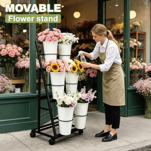 Flower Cart Display Stand with 6 Buckets and Wheels, 3-Tier Flower Bar, alternate view 3