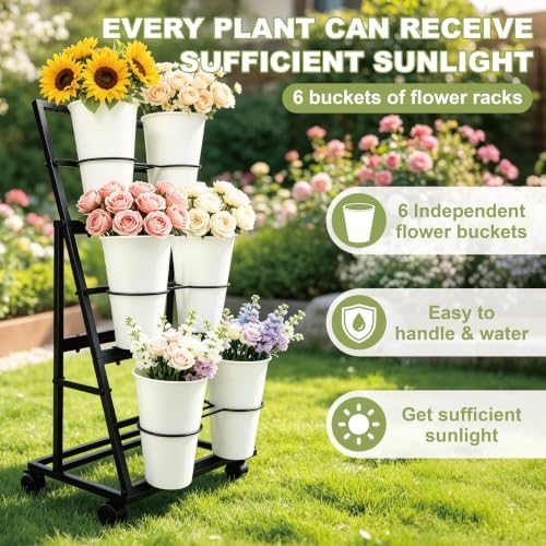 Flower Cart Display Stand with 6 Buckets and Wheels, 3-Tier Flower Bar, alternate view 5