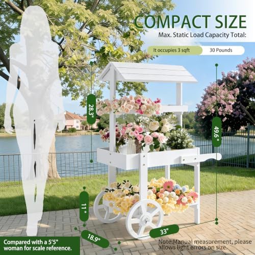 Flower Cart Display Stand with Wheels, 3-Tier Wooden Candy Cart, alternate view 2