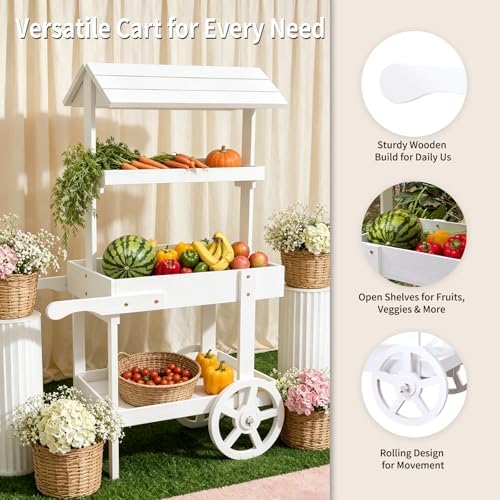 Flower Cart Display Stand with Wheels, 3-Tier Wooden Candy Cart, alternate view 5
