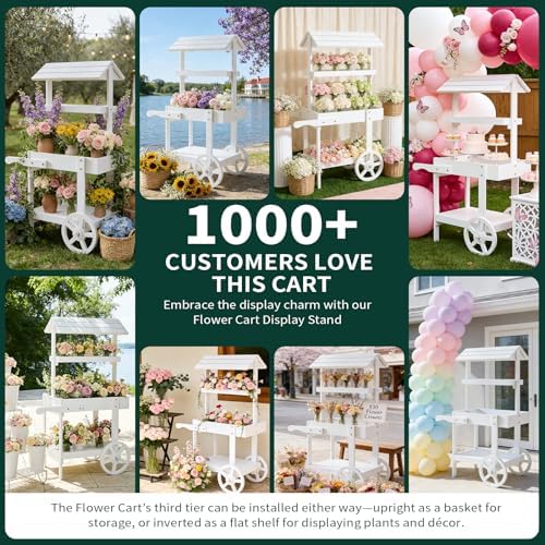 Flower Cart Display Stand with Wheels, 3-Tier Wooden Candy Cart, alternate view 6