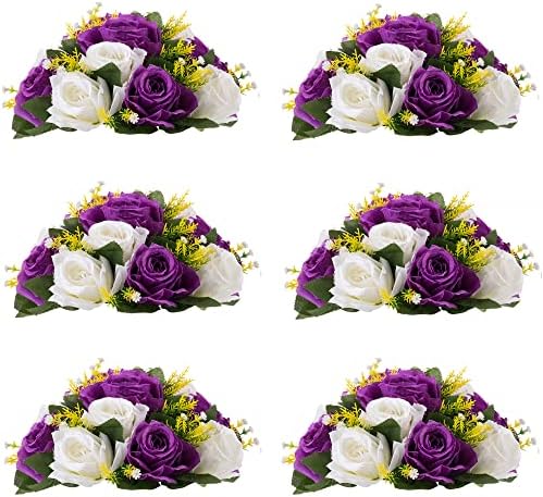 Flower Centerpieces for Wedding Tables: Purple & White, 6 Packs in Purple & White