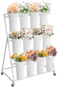 Flower Display Stand,3 Tier Flower Cart with 12 Round Buckets and Wheels, Moving Flower Cart Display Stand for
