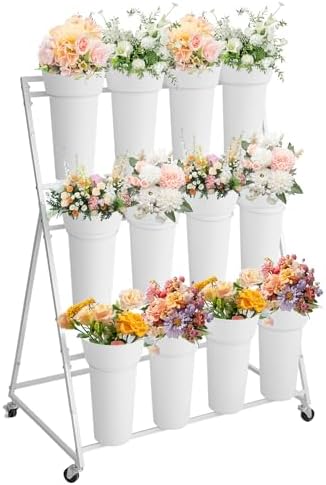 Flower Display Stand,3 Tier Flower Cart with 12 Round Buckets and Wheels, Moving Flower Cart Display Stand for