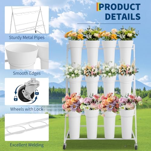 Flower Display Stand,3 Tier Flower Cart with 12 Round Buckets and Wheels, Moving Flower Cart Display Stand for, alternate