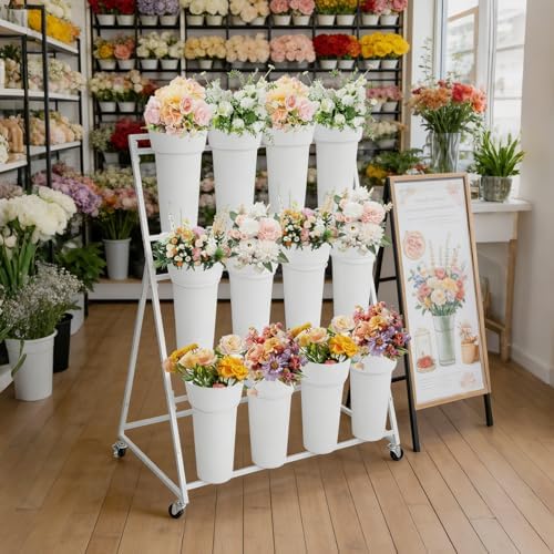 Flower Display Stand,3 Tier Flower Cart with 12 Round Buckets and Wheels, Moving Flower Cart Display Stand for, alternate