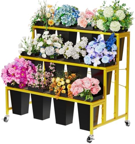 Flower Display Stand, 3 Tier Metal Shelf Plant Stand with 12pcs Plastic Flower Buckets, Moving Heavy Duty Flower