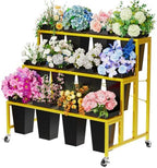 Flower Display Stand, 3 Tier Metal Shelf Plant Stand with 12pcs Plastic Flower Buckets, Moving Heavy Duty Flower