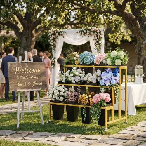 Flower Display Stand, 3 Tier Metal Shelf Plant Stand with 12pcs Plastic Flower Buckets, Moving Heavy Duty Flower, alternate