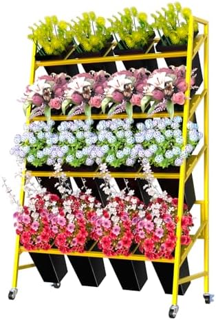 Flower Display Stand, 4 Tier Metal Plant Stand with 16 PCS Black Flower Buckets, Heavy Duty Moving Flower Cart