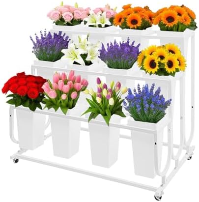 Flower Display Stand with 12 Buckets, 3-Tier Iron Flower Cart Display Stand with Wheels, Flower Bouquet Stand