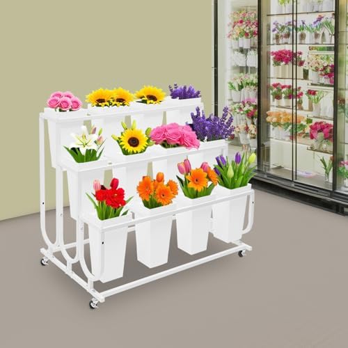 Flower Display Stand with 12 Buckets, 3-Tier Iron Flower Cart Display Stand with Wheels, Flower Bouquet Stand, alternate view