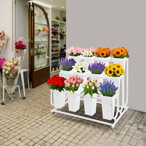Flower Display Stand with 12 Buckets, 3-Tier Iron Flower Cart Display Stand with Wheels, Flower Bouquet Stand, alternate view