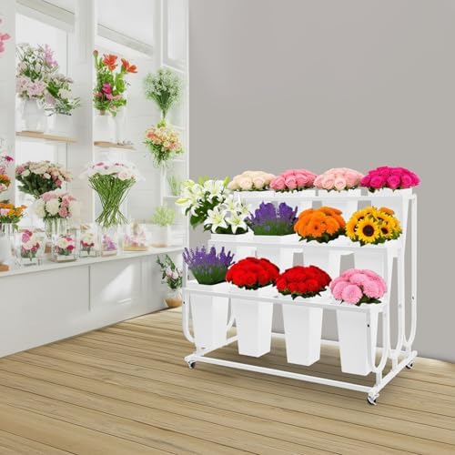 Flower Display Stand with 12 Buckets, 3-Tier Iron Flower Cart Display Stand with Wheels, Flower Bouquet Stand, alternate view