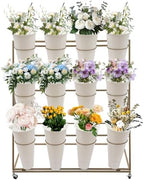 Flower Display Stand with 12 Buckets, 3-Tier Iron Flower Cart Display Stand with Wheels, Flower Bouquet Stand