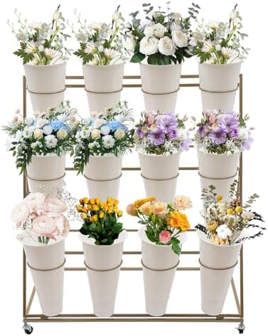 Flower Display Stand with 12 Buckets, 3-Tier Iron Flower Cart Display Stand with Wheels, Flower Bouquet Stand