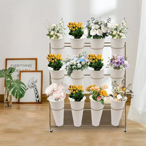 Flower Display Stand with 12 Buckets, 3-Tier Iron Flower Cart Display Stand with Wheels, Flower Bouquet Stand, alternate view